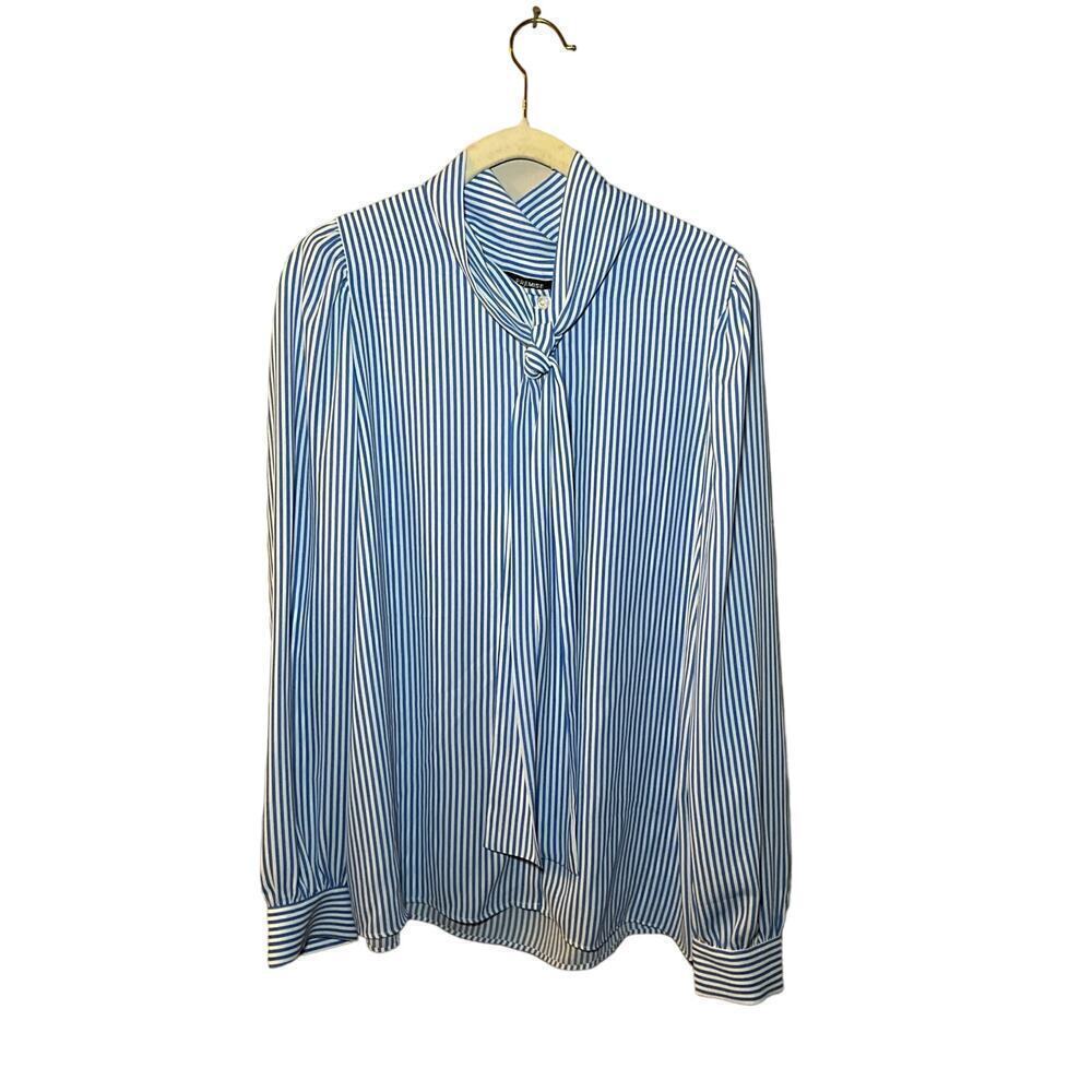 Premise‎ Studio Shirt Women Large Blue Striped 100% Polyester Tie Neck Button-Up